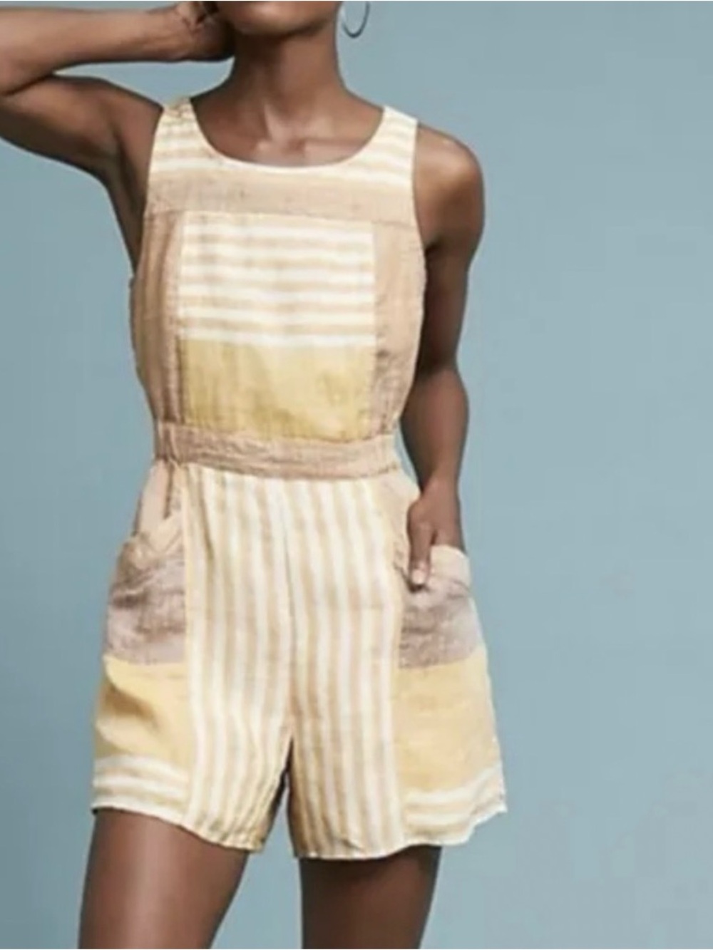 Anthropologie Ett:twa Linen Wesley Striped Romper Size 12 Brown/Yellow Pockets